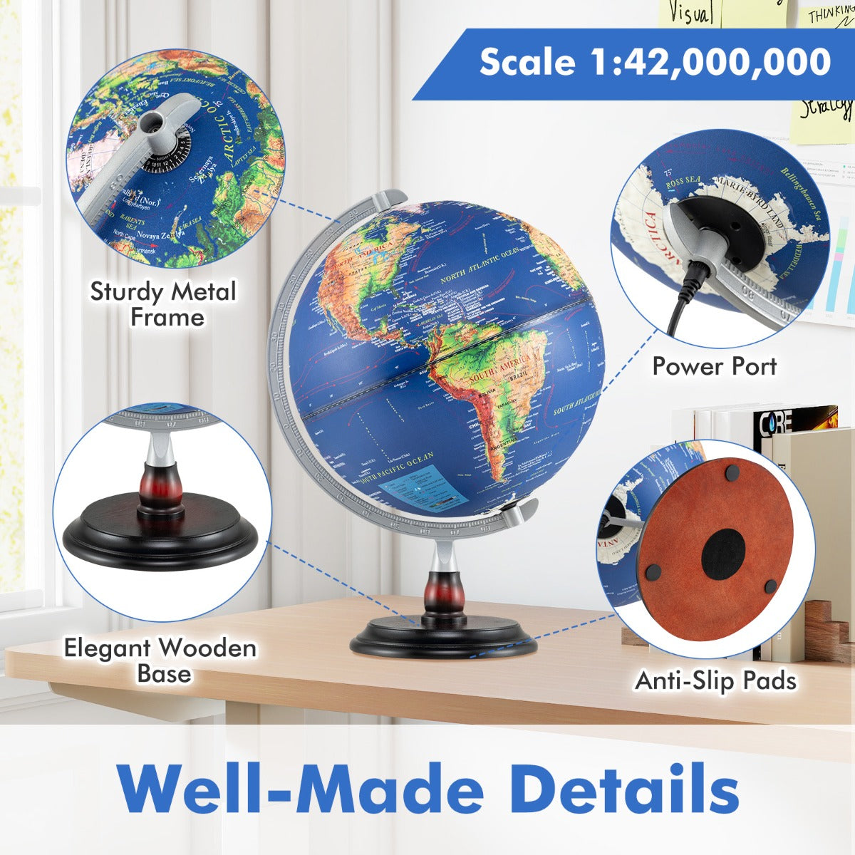 LIVSK Verlichte Wereldbol - Stevige Houten Voet - 360° Draaiend - Reliëfdetails - Educatief en Decoratief - Marineblauw