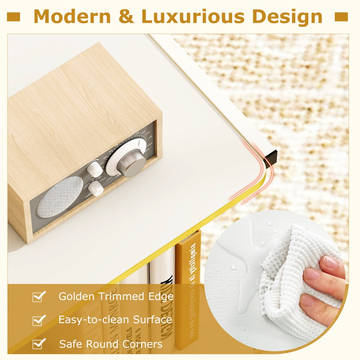 LIVSK Verrijdbare Bijzettafel - C-vormig Ontwerp - 2 Opbergvakken - Robuust Metaal - Wit + Goud - 49x35x51 cm