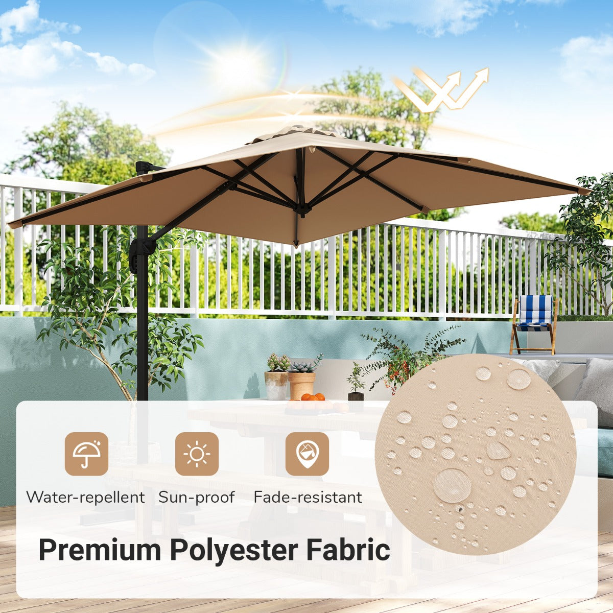 LIVSK Verstelbare Zweefparasol - 360° Draaibaar - UV-Bescherming - Hoogwaardig Polyester - Beige