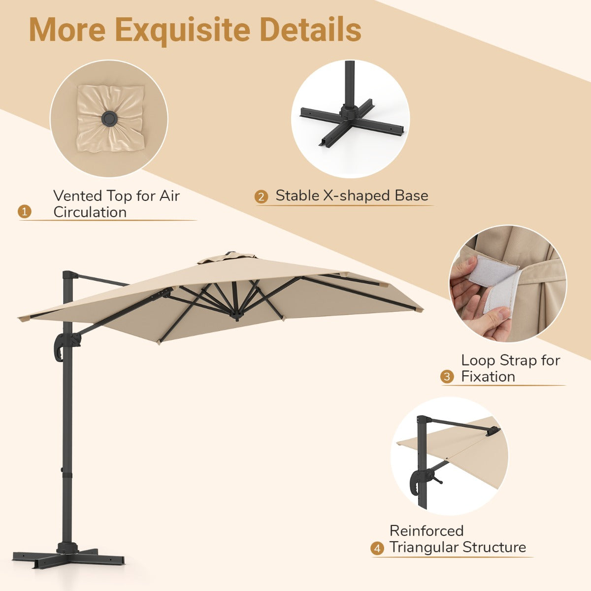 LIVSK Verstelbare Zweefparasol - 360° Draaibaar - UV-Bescherming - Hoogwaardig Polyester - Beige