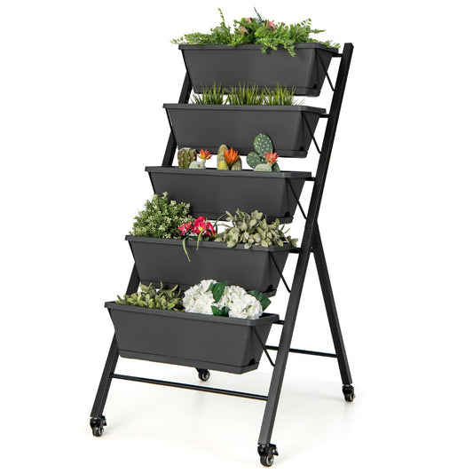 LIVSK Verticale Verhoogde Tuinbed - 5 Niveaus - Roestvrij Metalen Frame - Verwijderbare Bakken - 4 Wielen - Zwart