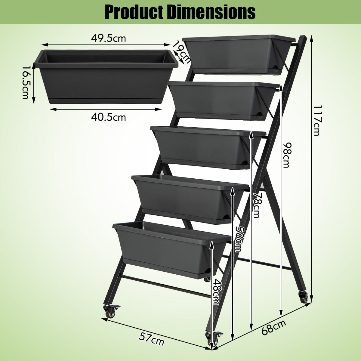 LIVSK Verticale Verhoogde Tuinbed - 5 Niveaus - Roestvrij Metalen Frame - Verwijderbare Bakken - 4 Wielen - Zwart