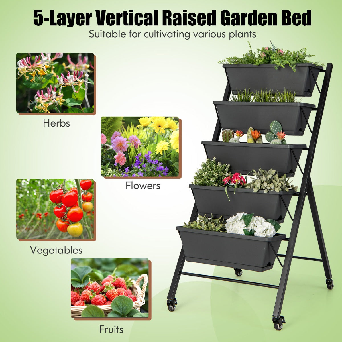 LIVSK Verticale Verhoogde Tuinbed - 5 Niveaus - Roestvrij Metalen Frame - Verwijderbare Bakken - 4 Wielen - Zwart