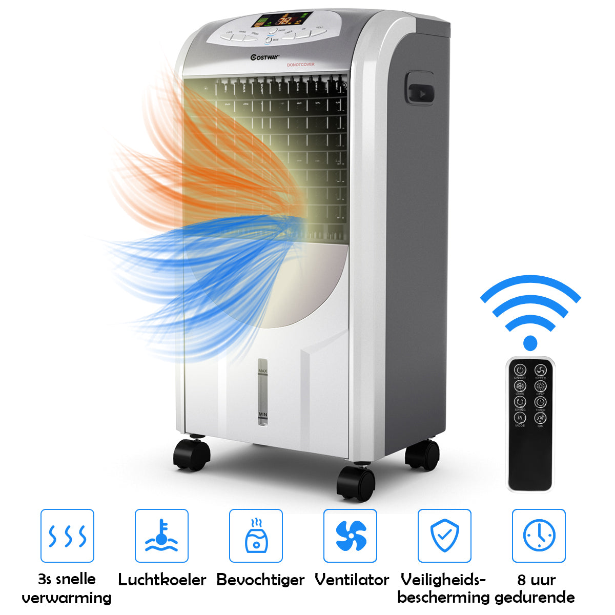 LIVSK Verwarming en Luchtkoeler - Multifunctioneel - LCD-Display - Afstandsbediening - 3 Snelheden - Grijs