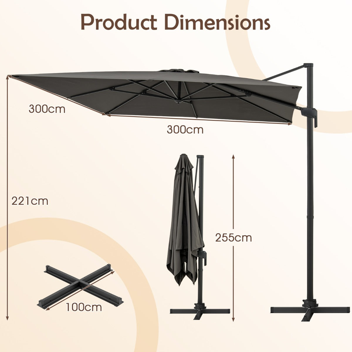 LIVSK Vierkante Parasol - 300 x 300 cm - 360° Draaibaar - 5 Verstelbare Hoeken - Aluminium en Polyester - Grijs
