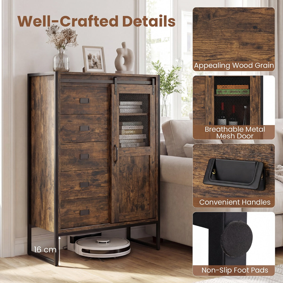 LIVSK Vloerkast - Ruime Opbergoplossing - Verstelbare Planken - Handige Schuifdeur - Robuuste Constructie - Naturel en Zwart