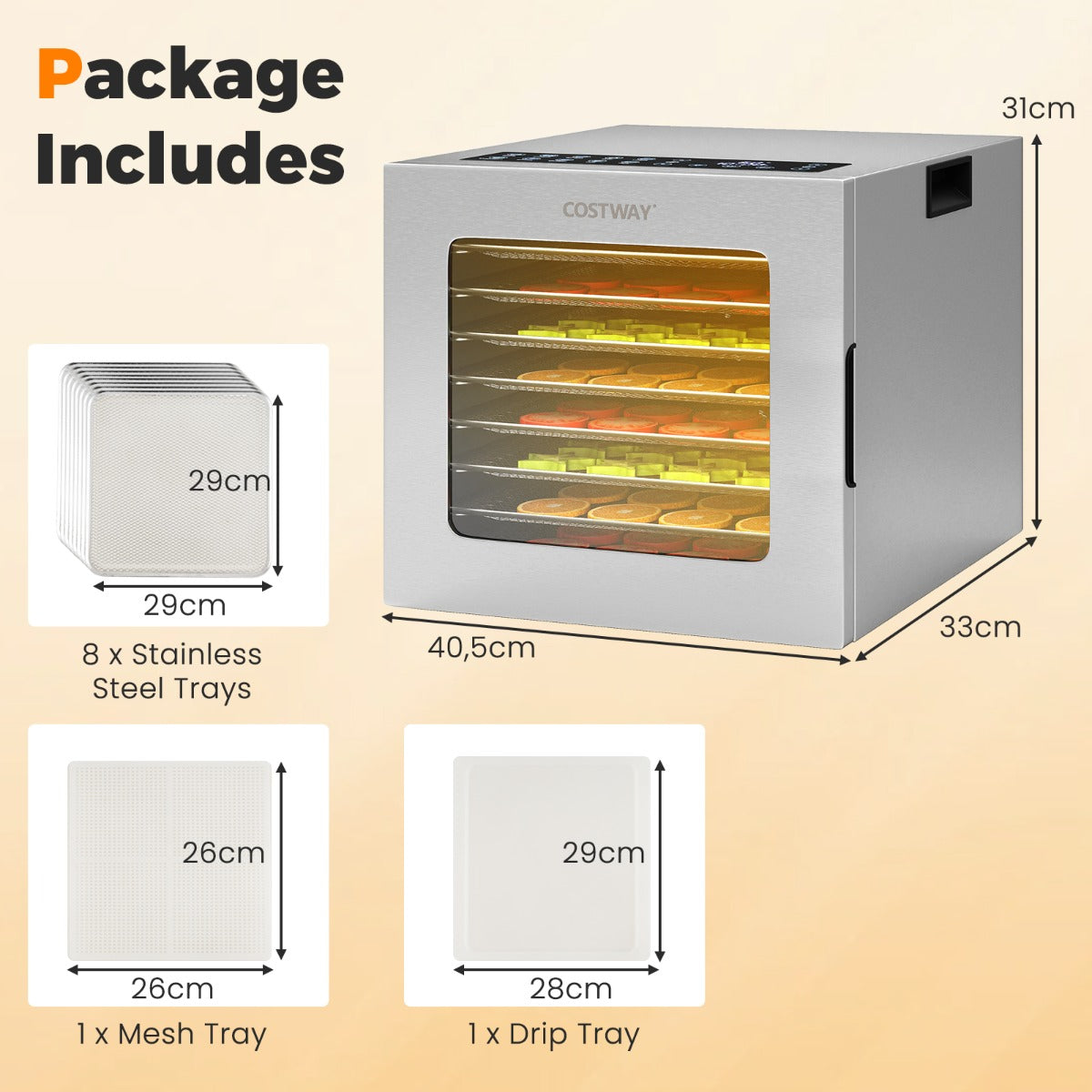 LIVSK Voedseldehydrator - 8 RVS Rekken - Digitale Timer tot 48 uur - 360° Luchtcirculatie - 850W - Zilver