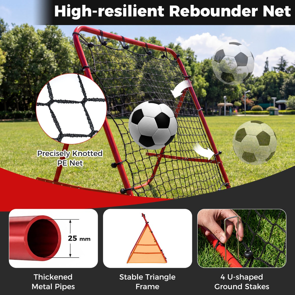 LIVSK Voetbalreboundnet - 5 Verstelbare Hoeken - Hoogwaardig PE - Opvouwbaar en Draagbaar - Stevig Metalen Frame - Rood