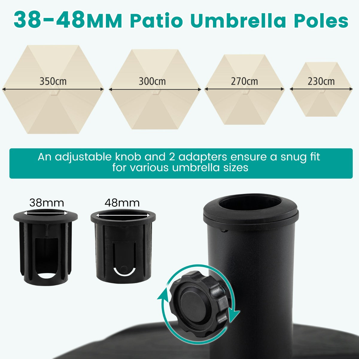 LIVSK Vulbare Parasolvoet - Uitschuifbare Trekstang - 4 Wieltjes - Geschikt voor 38-48 mm Stokken - Zwart