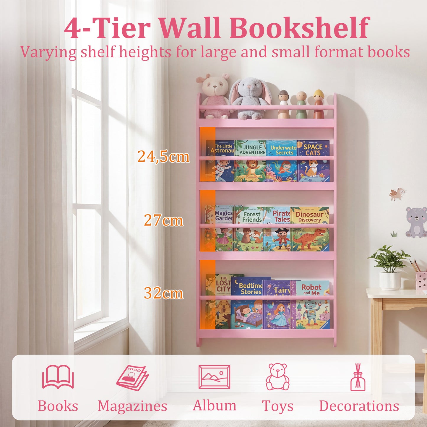 LIVSK Wandboekenplank - Ruimtebesparend Ontwerp - Vier Niveaus - Kindvriendelijk - Veilig Hout - Wit/Roze