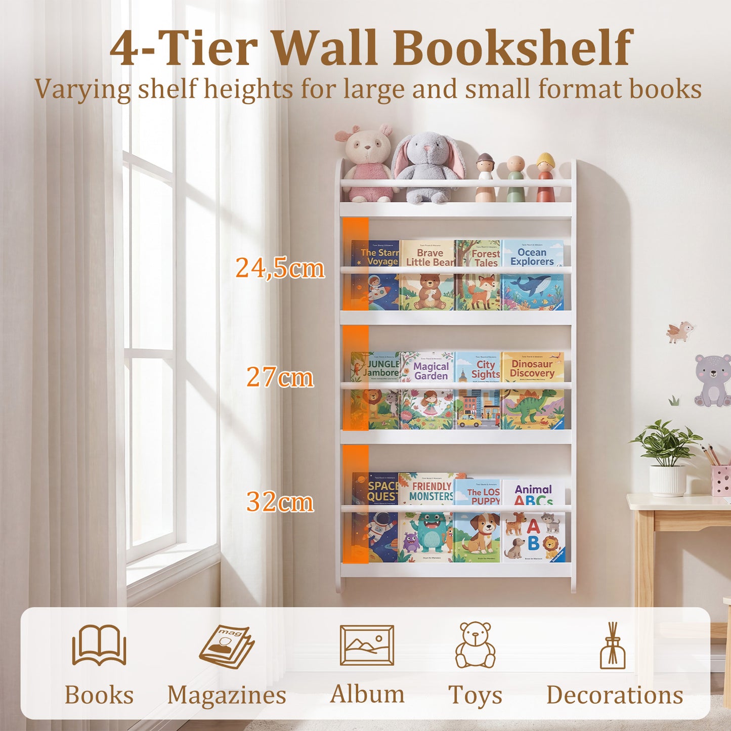 LIVSK Wandboekenplank - Ruimtebesparend Ontwerp - Vier Niveaus - Kindvriendelijk - Veiligheidshekken - Wit/Roze