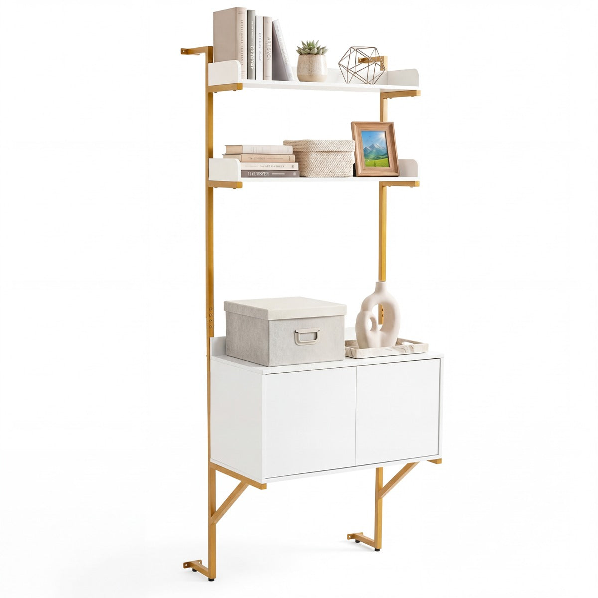LIVSK Wandgemonteerde Ladderkast - 2 Open Planken - Kast met 2 Deuren - Goudkleurig Metaal - Wit & Goud - 70 x 48 x 181 cm