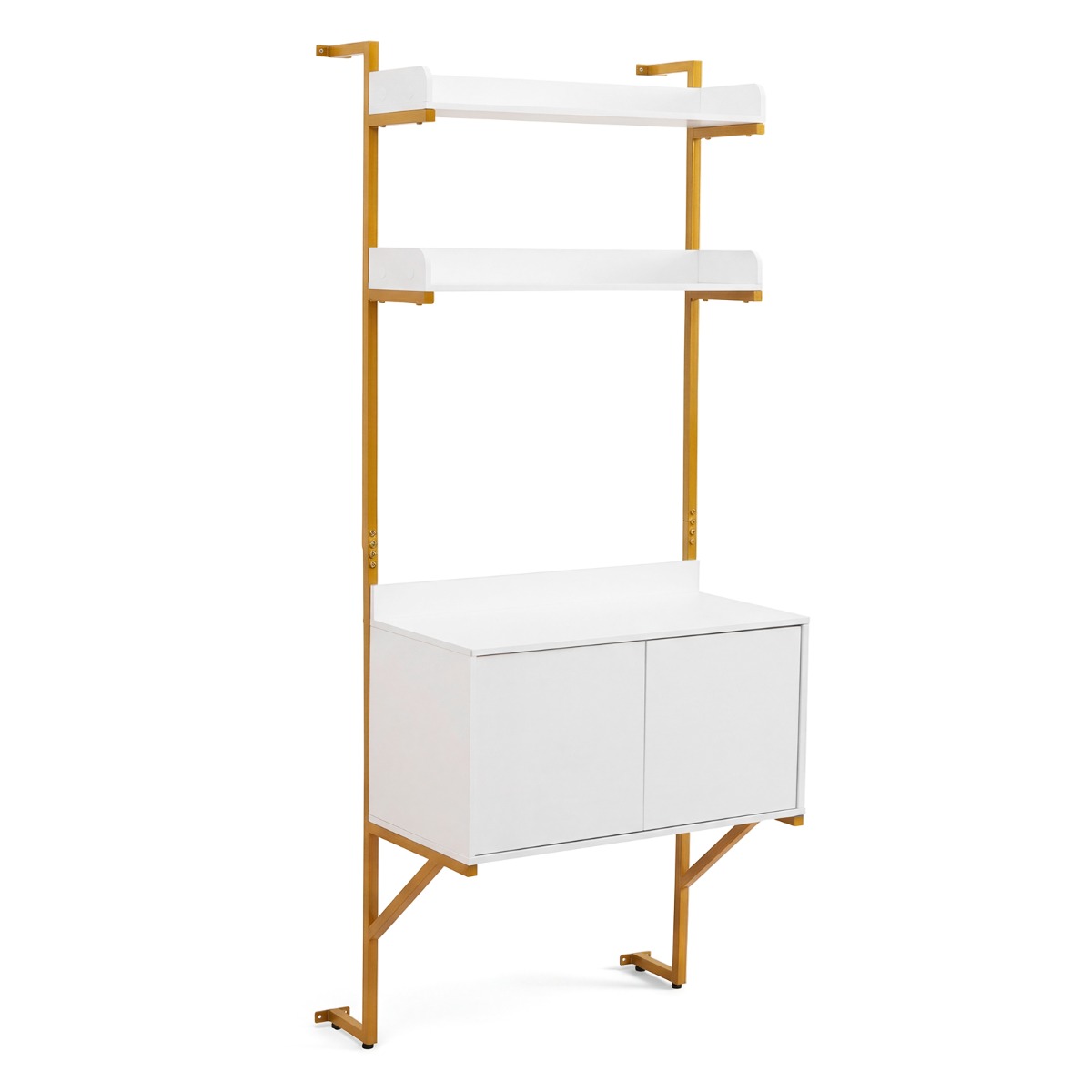 LIVSK Wandgemonteerde Ladderkast - 2 Open Planken - Kast met 2 Deuren - Goudkleurig Metaal - Wit & Goud - 70 x 48 x 181 cm