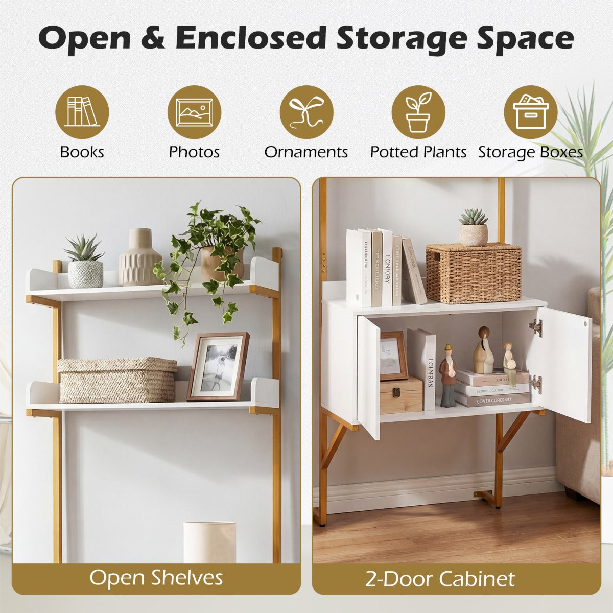 LIVSK Wandgemonteerde Ladderkast - 2 Open Planken - Kast met 2 Deuren - Goudkleurig Metaal - Wit & Goud - 70 x 48 x 181 cm