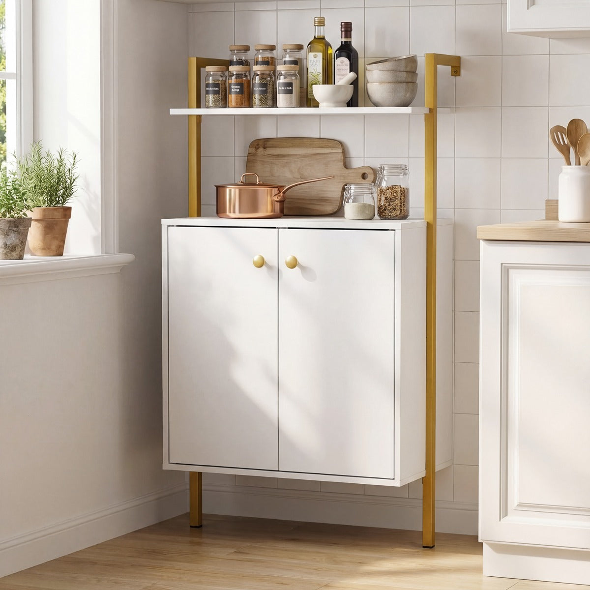 LIVSK Wandkast met 4 Verdiepingen - Robuust Metalen Frame - Multifunctionele Opbergruimte - Eenvoudige Montage - Wit + Goud