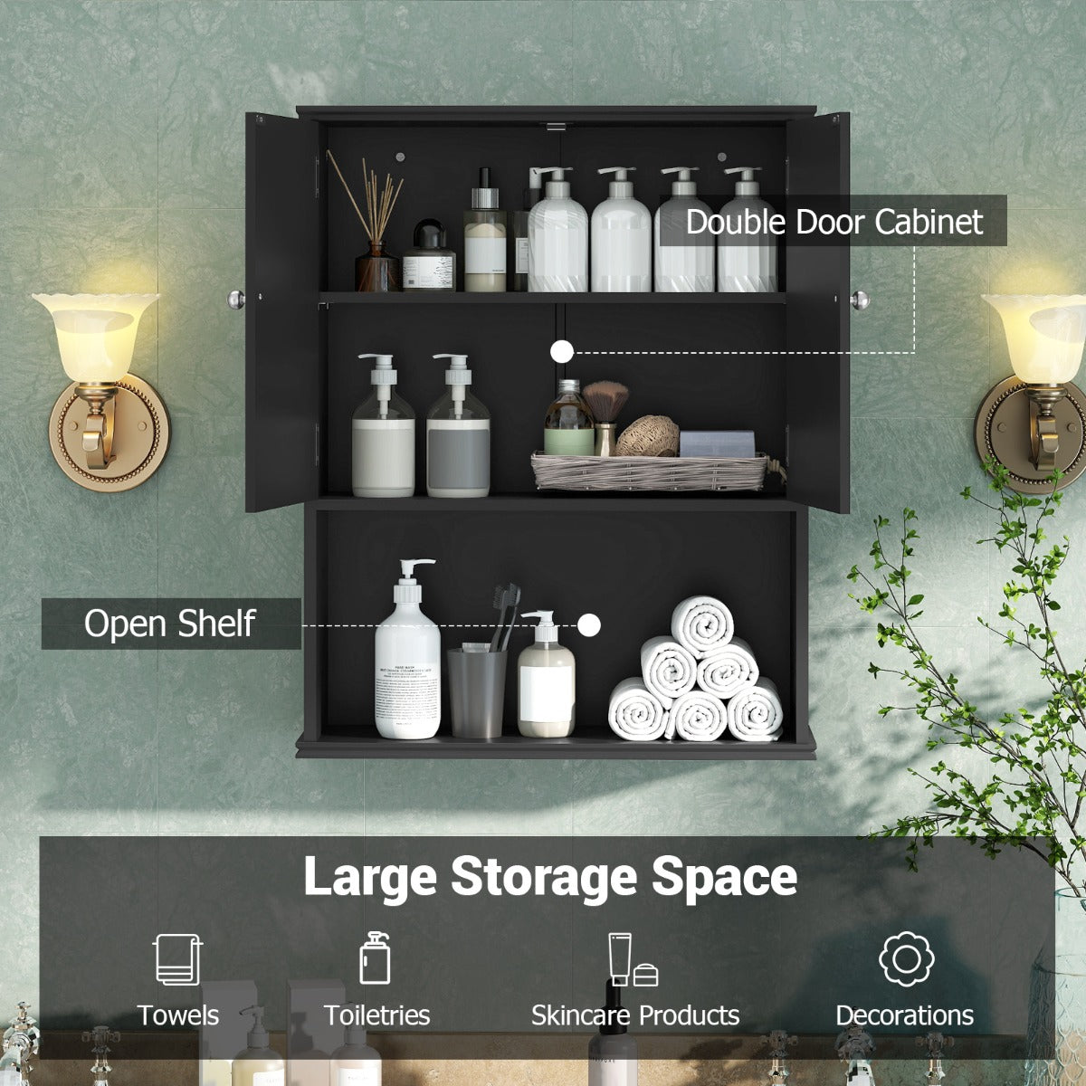 LIVSK Wandkast voor de Badkamer - Wandgemonteerd - Verstelbare Plank - Open Vak - Modern Ontwerp - Zwart