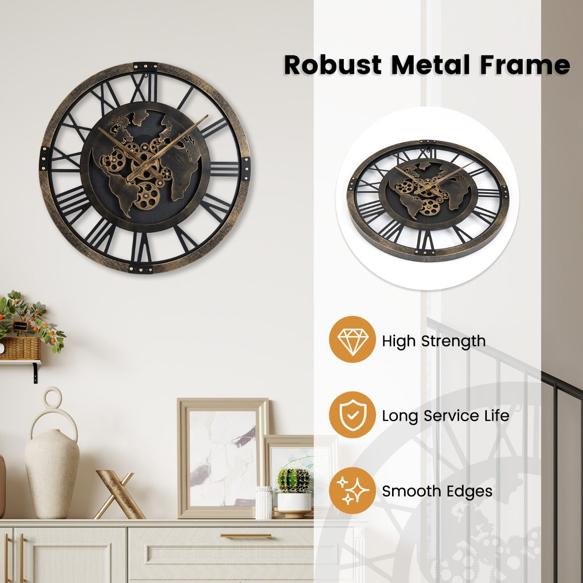 LIVSK Wandklok met Tandwielmechanisme - Geluidloze Werking - Grote Afmetingen 68 cm - Inclusief Wandmontageset - Bruin