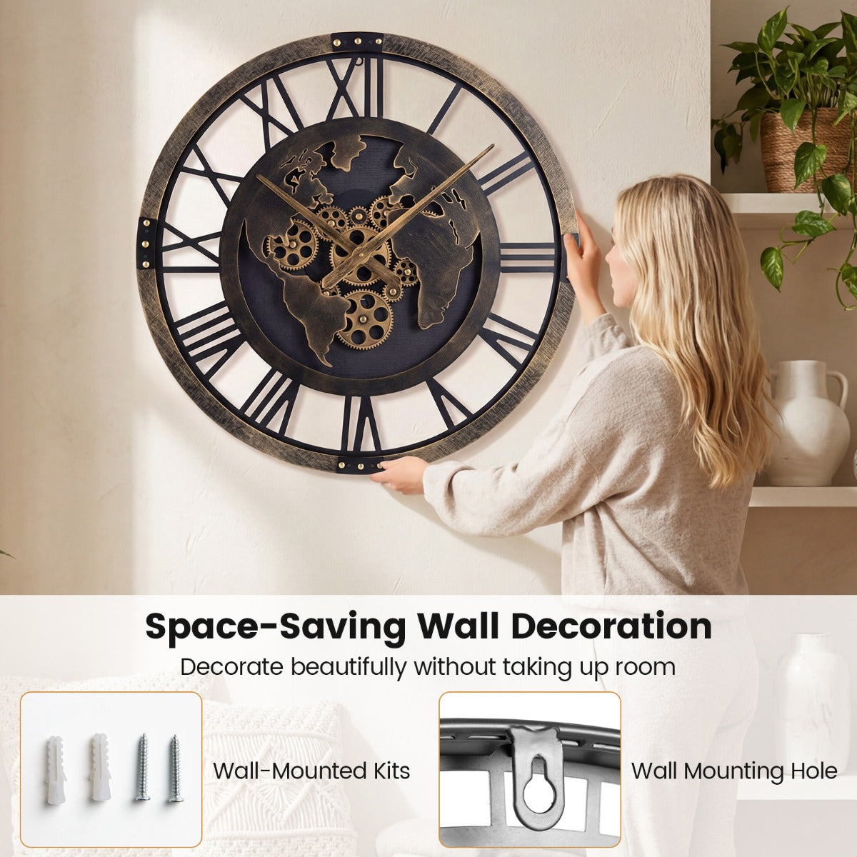LIVSK Wandklok met Tandwielmechanisme - Geluidloze Werking - Grote Afmetingen 68 cm - Inclusief Wandmontageset - Bruin