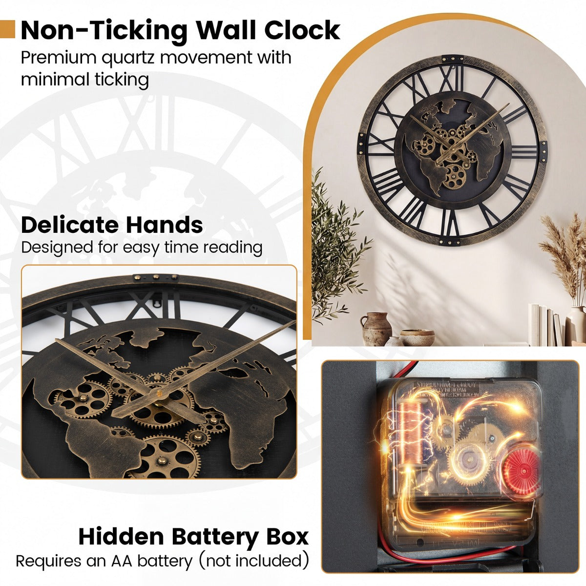 LIVSK Wandklok met Tandwielmechanisme - Geluidloze Werking - Grote Afmetingen 68 cm - Inclusief Wandmontageset - Bruin