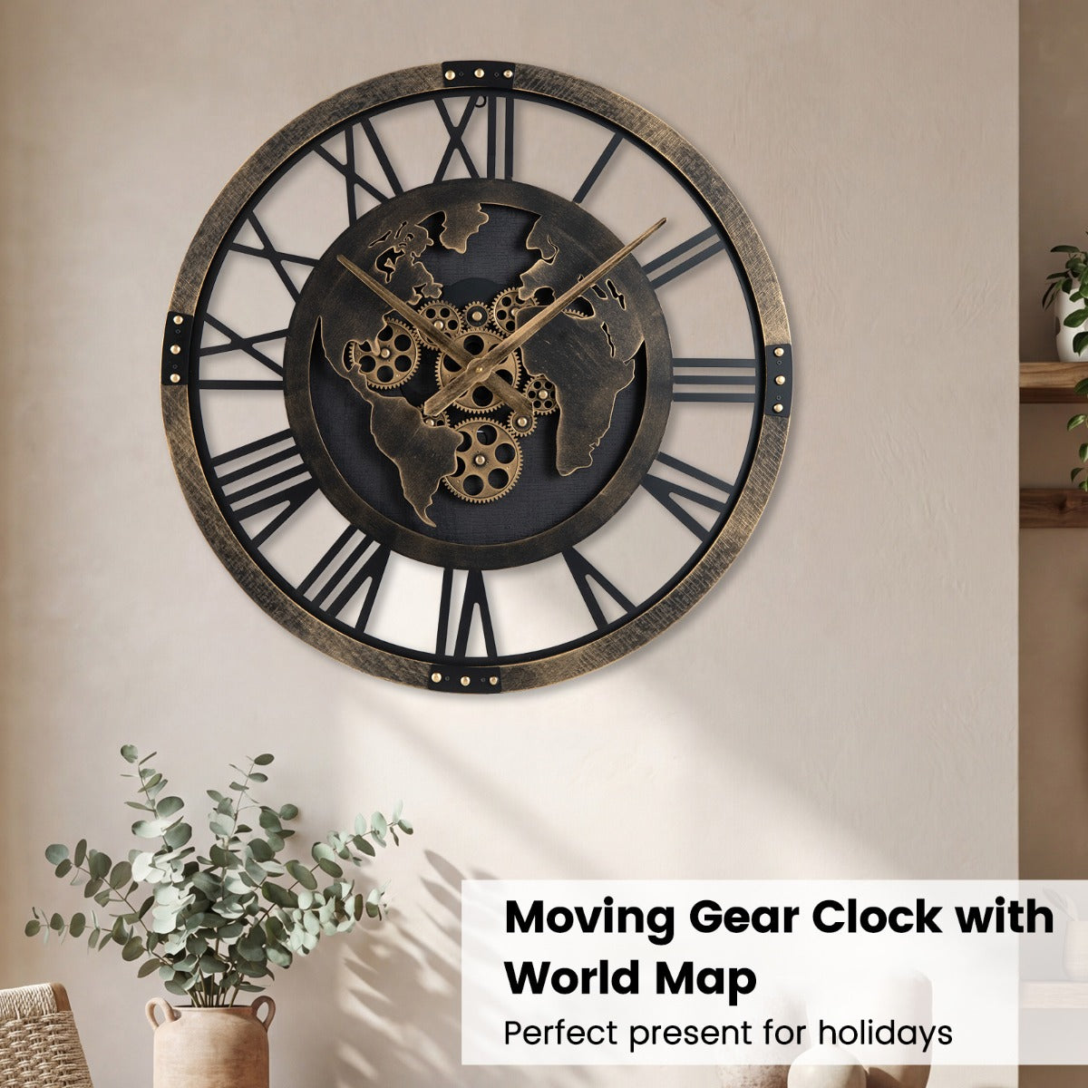 LIVSK Wandklok met Tandwielmechanisme - Geluidloze Werking - Grote Afmetingen 68 cm - Inclusief Wandmontageset - Bruin