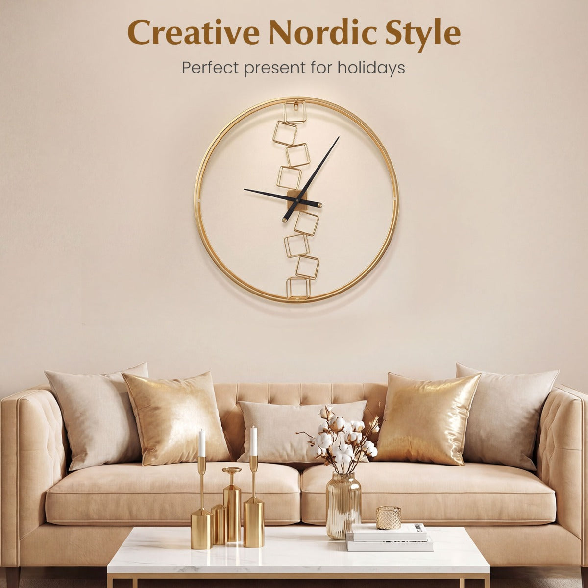 LIVSK Wandklok - Scandinavisch Design - Geruisloos Quartz Uurwerk - Compacte Afmetingen 68 cm - Geel