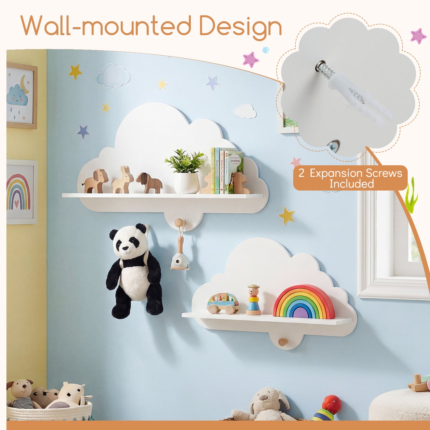 LIVSK Wandplank Wolkenontwerp - 2 Niveaus - Veilig Hout - Eenvoudige Montage - Voor Kinderen - Wit/Natuur