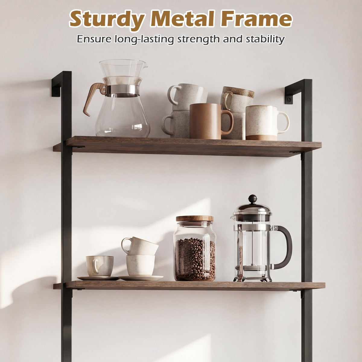 LIVSK Wandrek met 3 Planken - Robuust Metalen Frame - Eenvoudige Montage - Ruimtebesparend Ontwerp - Goud en Wit / Rustiek Bruin