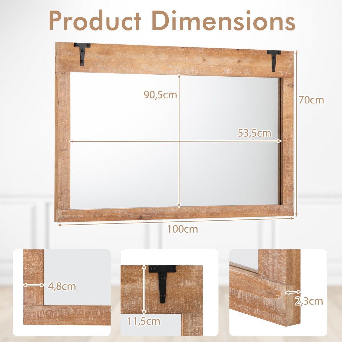 LIVSK Wandspiegel - Rustiek Houten Frame - 100 cm x 70 cm - 2 Bevestigingsmogelijkheden - Veelzijdig Gebruik - Naturel