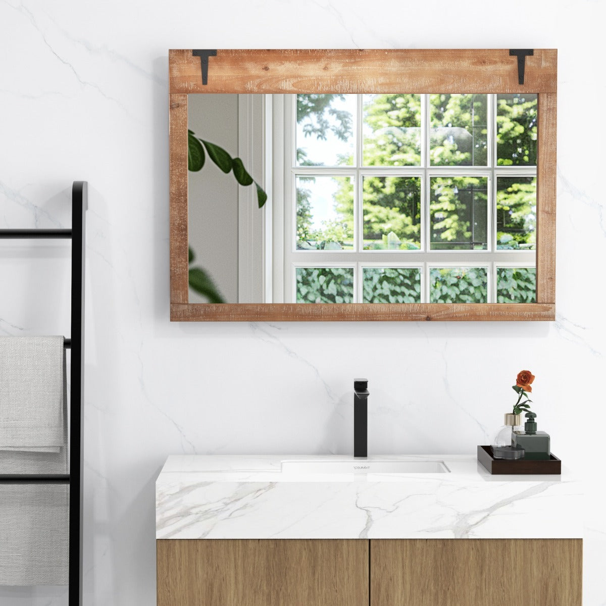 LIVSK Wandspiegel - Rustiek Houten Frame - 100 cm x 70 cm - 2 Bevestigingsmogelijkheden - Veelzijdig Gebruik - Naturel