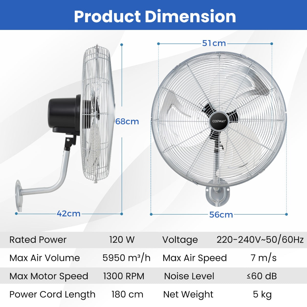 LIVSK Wandventilator - 3 Snelheden - Brede Oscillatie - Kantelbare Kop - Ruimtebesparend Ontwerp - Zwart/Zilver