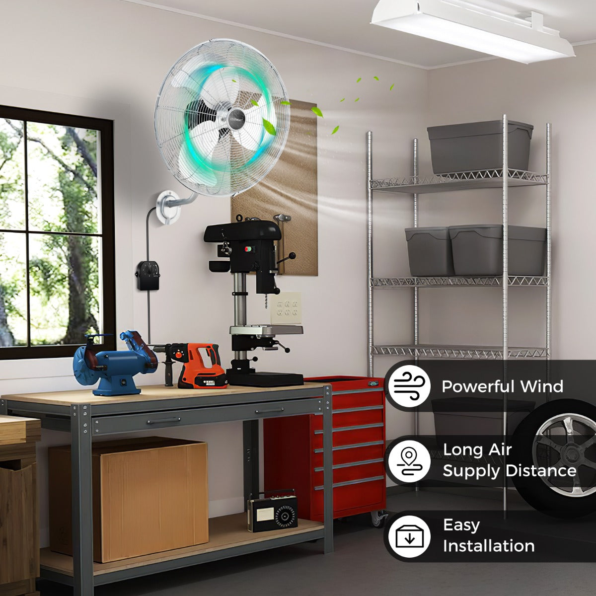 LIVSK Wandventilator - 3 Snelheden - Brede Oscillatie - Kantelbare Kop - Ruimtebesparend Ontwerp - Zwart/Zilver