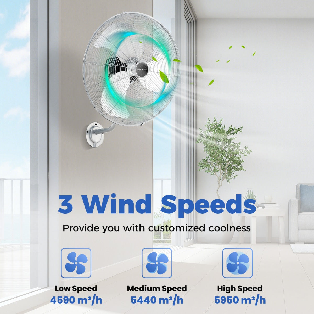 LIVSK Wandventilator - 3 Snelheden - Brede Oscillatie - Kantelbare Kop - Ruimtebesparend Ontwerp - Zwart/Zilver