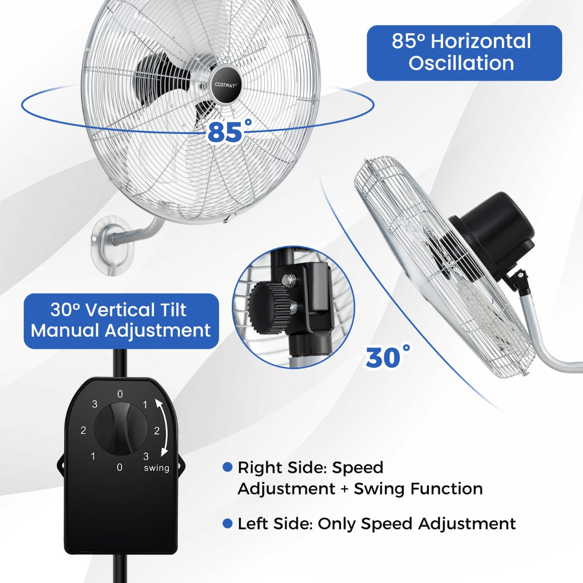 LIVSK Wandventilator - 3 Snelheden - Brede Oscillatie - Kantelbare Kop - Ruimtebesparend Ontwerp - Zwart/Zilver