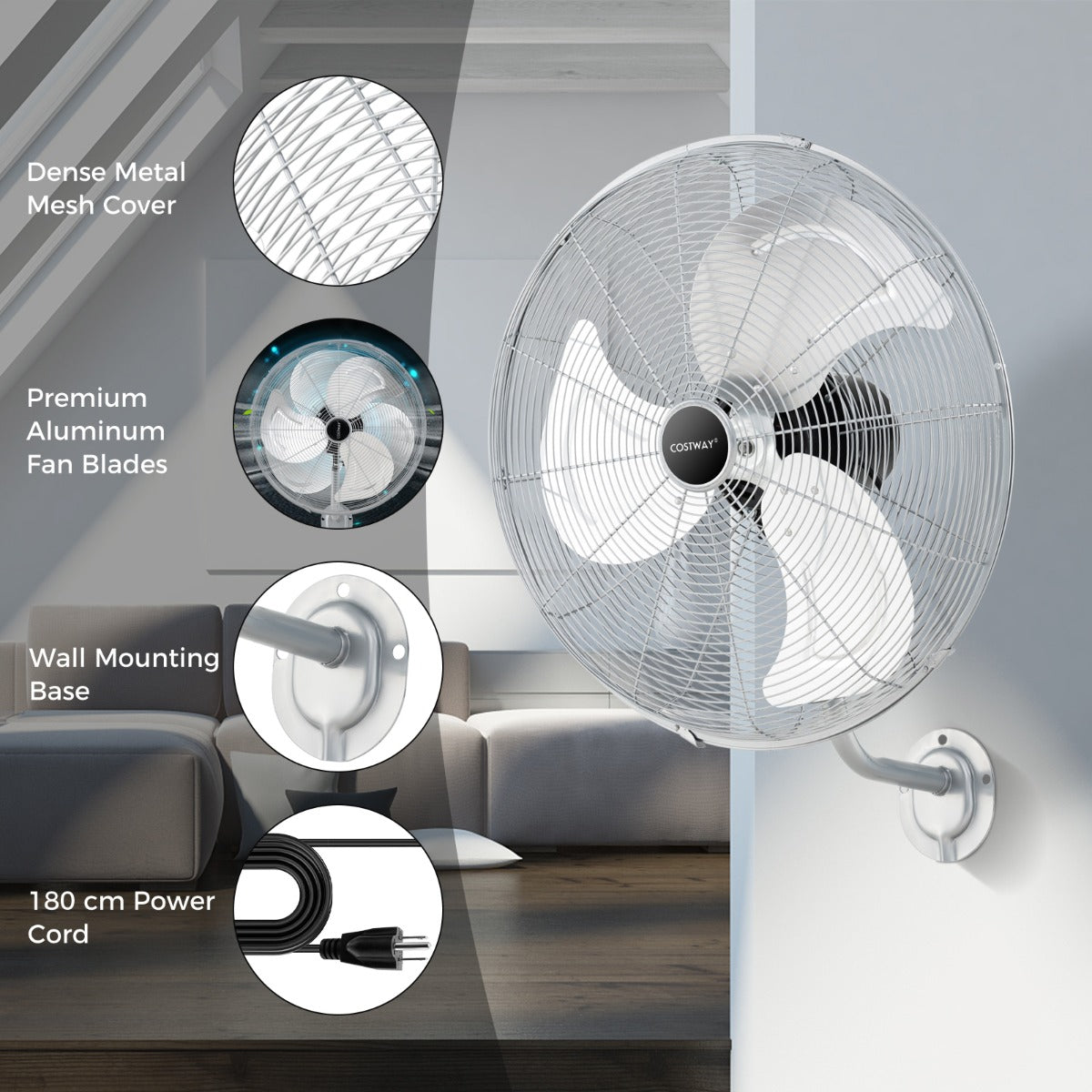 LIVSK Wandventilator - 3 Snelheden - Brede Oscillatie - Kantelbare Kop - Ruimtebesparend Ontwerp - Zwart/Zilver