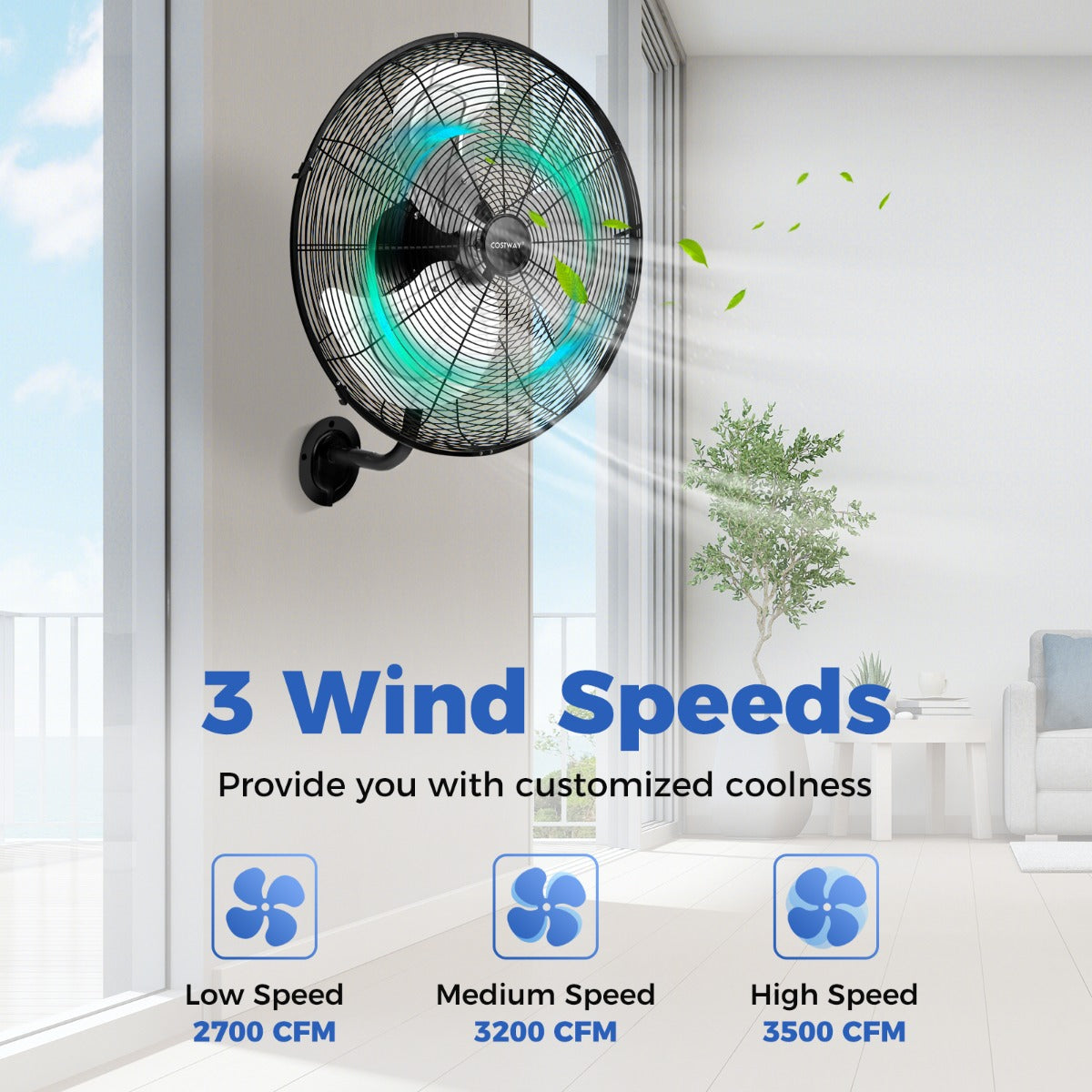 LIVSK Wandventilator - Krachtige Luchtstroom - 3 Verstelbare Snelheden - Brede Oscillatie - Metaal en Aluminium - Zwart