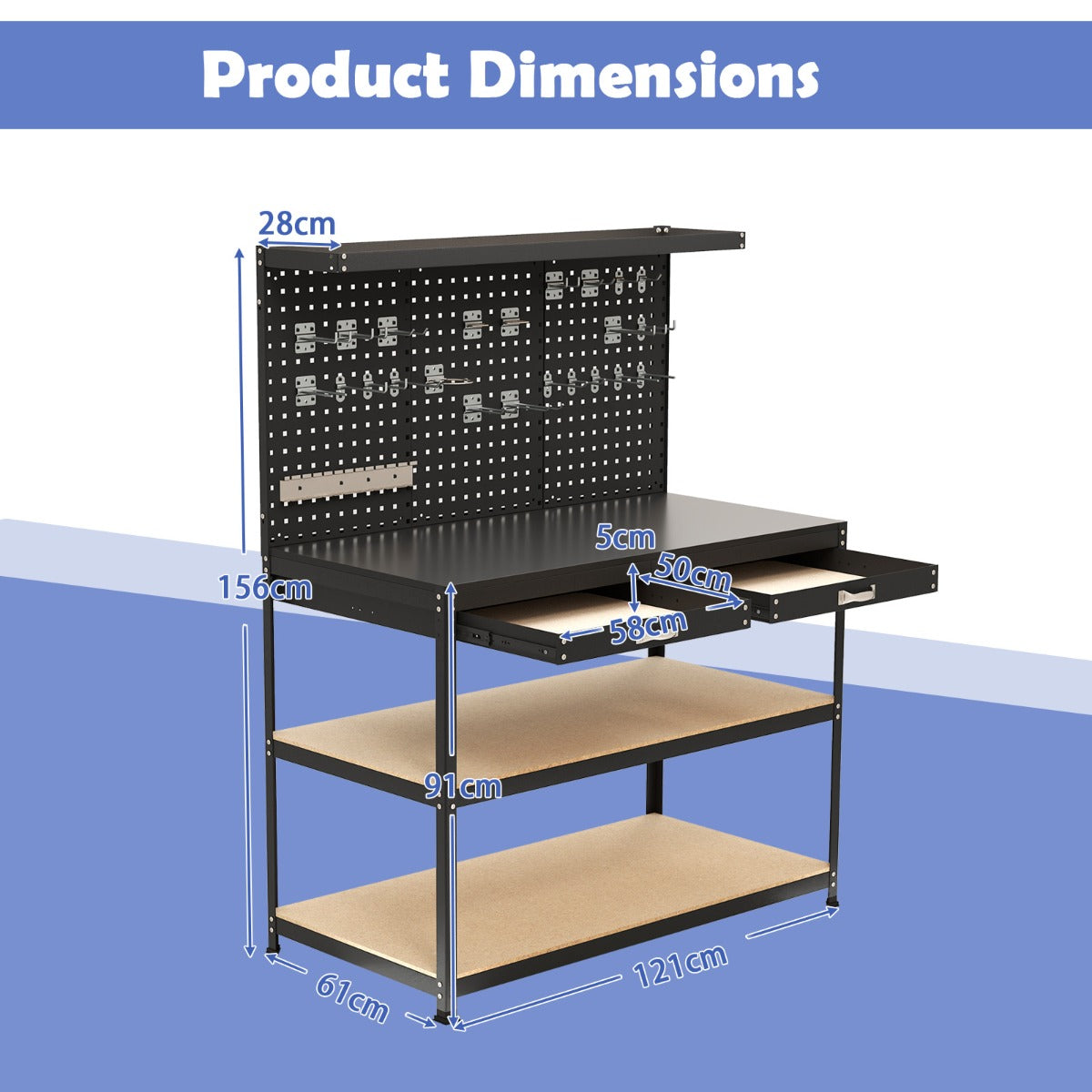 LIVSK Werkbank - Robuuste Constructie - 230 kg Draagvermogen - Geperforeerde Panelen - Inclusief 24 Ophangaccessoires - Zwart