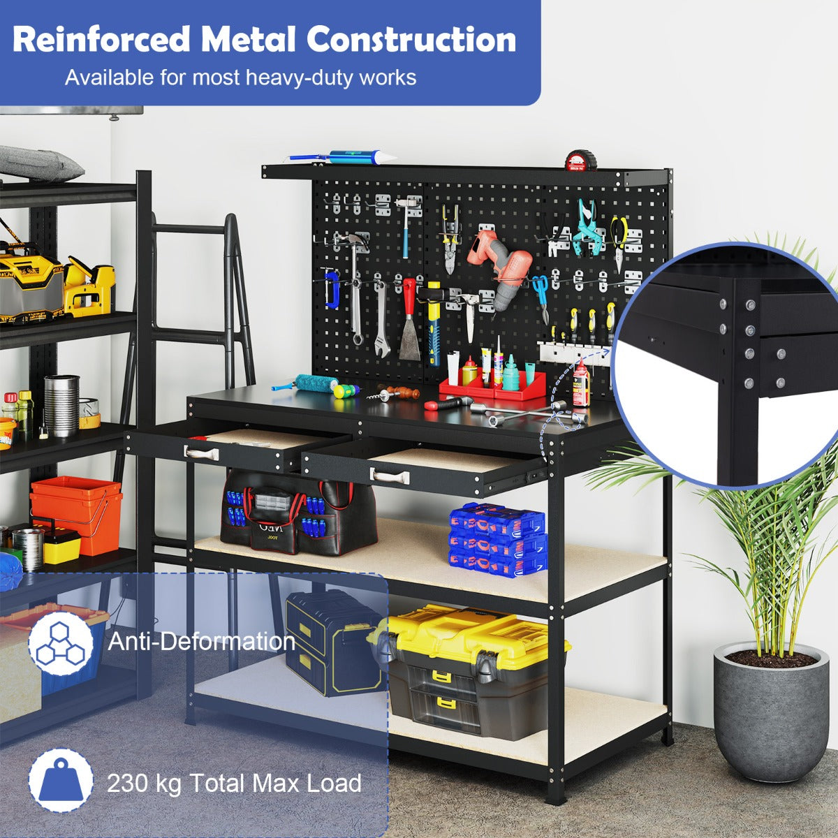 LIVSK Werkbank - Robuuste Constructie - 230 kg Draagvermogen - Geperforeerde Panelen - Inclusief 24 Ophangaccessoires - Zwart