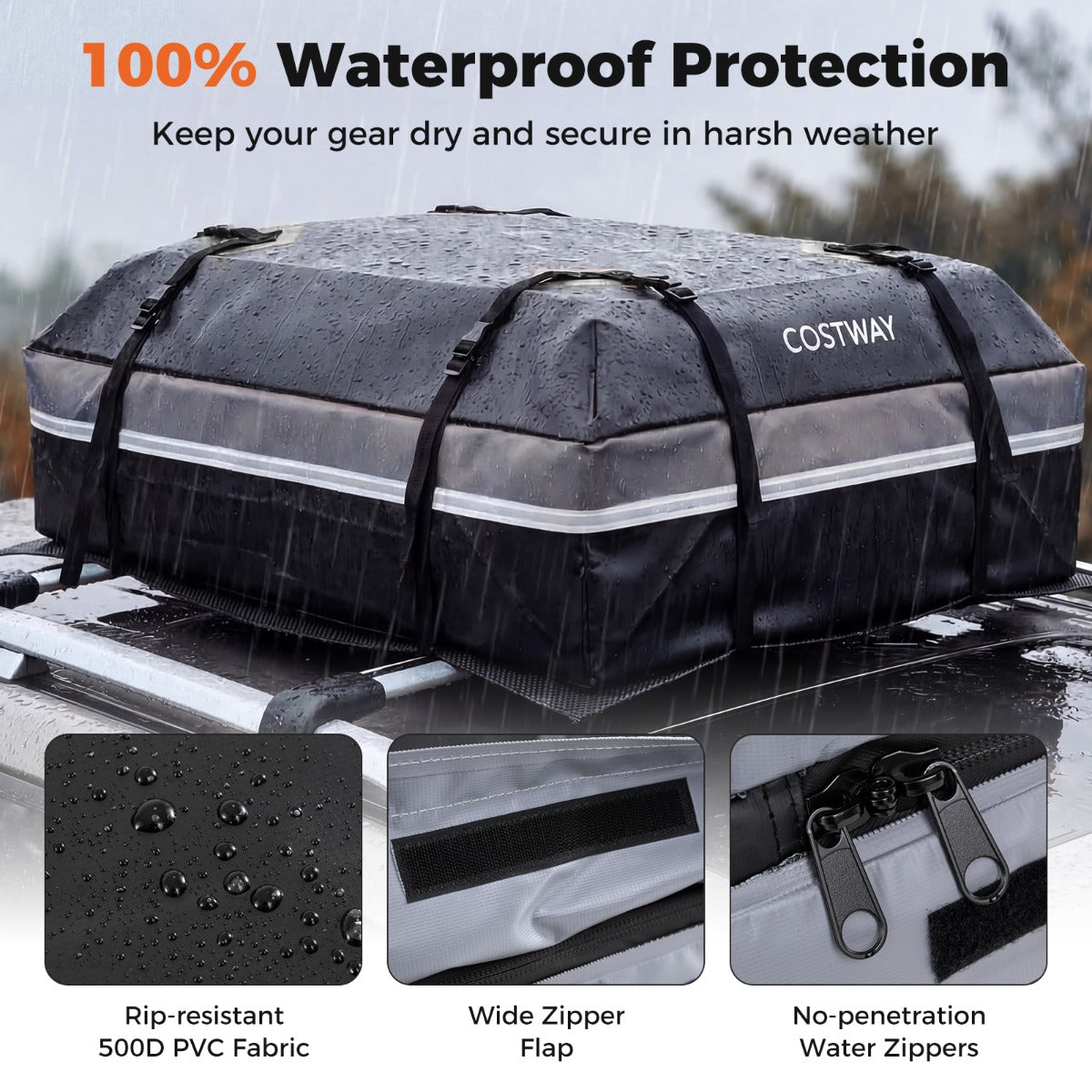 LIVSK Zachte Dakkoffer - 100% Waterdicht - Antidiefstalslot - Eenvoudige Bevestiging - 450L/600L - Zwart/Grijs