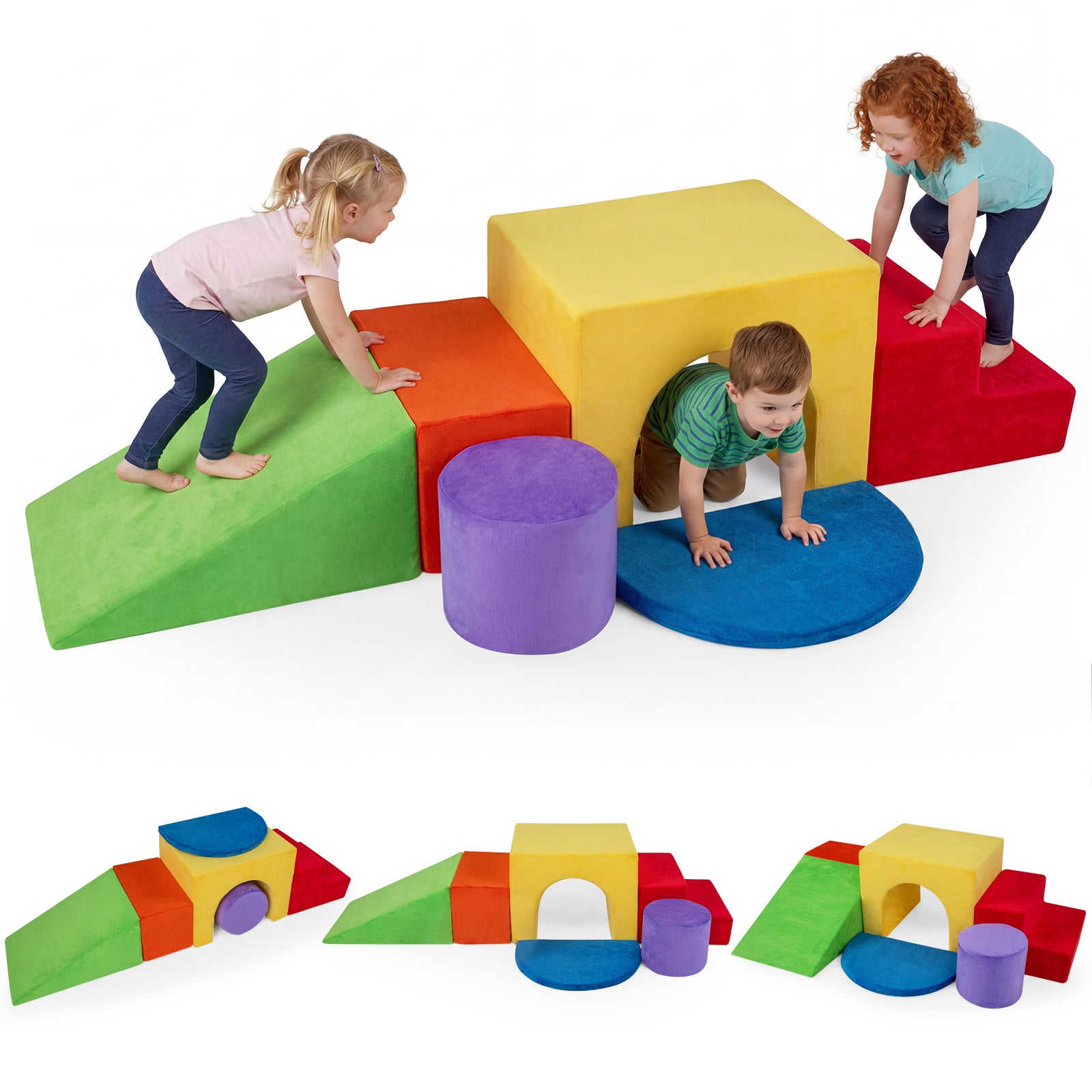 LIVSK Zachte Schuimstenen Set - 6-delige Set - Fluwelen Bekleding - Afneembare Hoes - Voor Kinderen - Roze/Rood/Wit