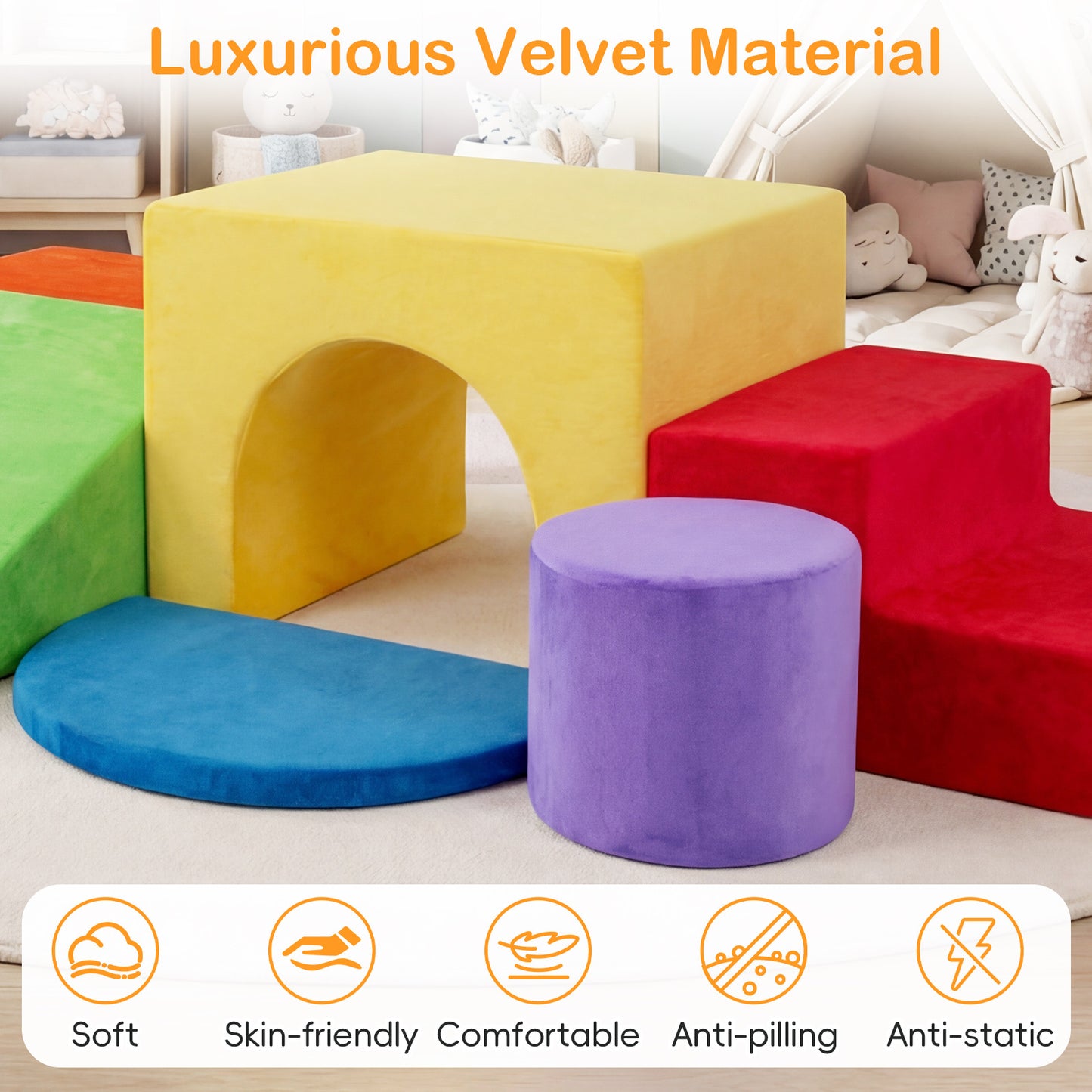 LIVSK Zachte Schuimstenen Set - 6-delige Set - Fluwelen Bekleding - Afneembare Hoes - Voor Kinderen - Roze/Rood/Wit
