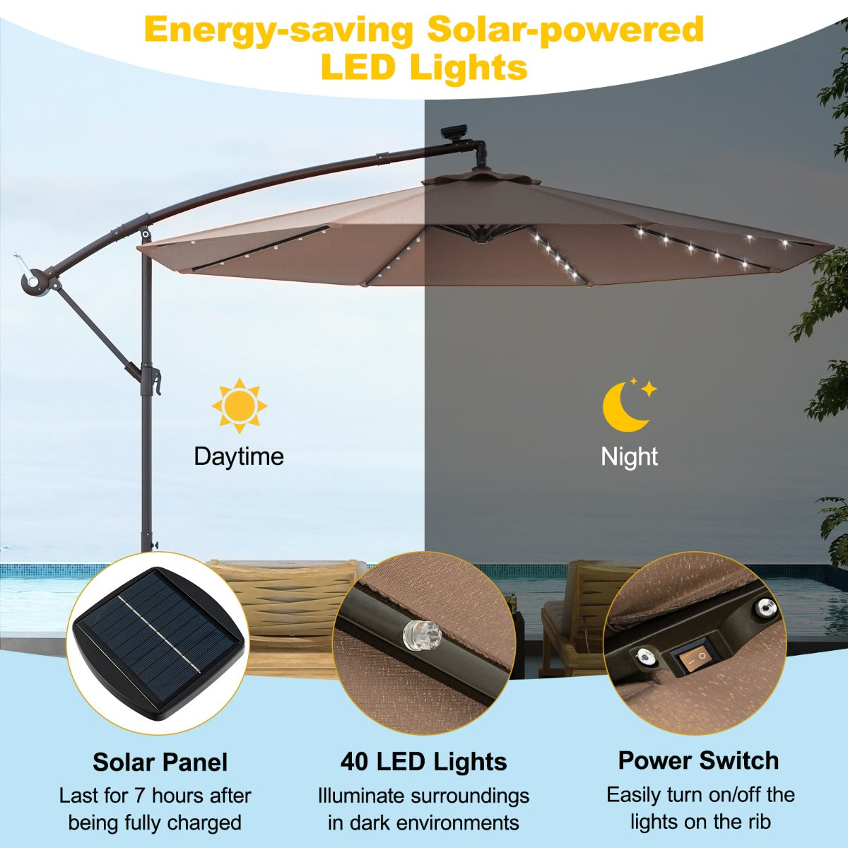 LIVSK Zonne-energie Hangparasol - 300 x 250 cm - 40 Lampen - Verstelbare Kantelhoek - Stevige Constructie - Bruin