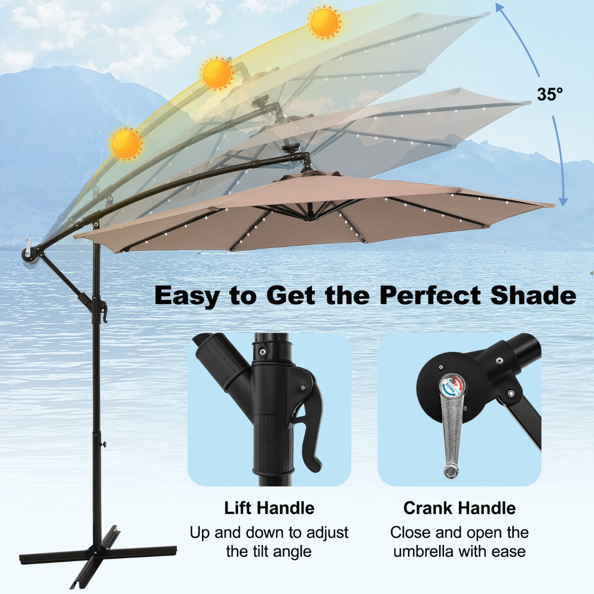 LIVSK Zonne-energie Hangparasol - 300 x 250 cm - 40 Lampen - Verstelbare Kantelhoek - Stevige Constructie - Bruin
