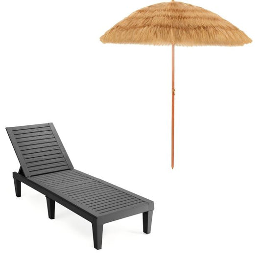 LIVSK Zonnebed en Strandparasol Set - Verstelbare Rugleuning - Hoog Draagvermogen - Eenvoudige Montage - Grijs/Taupe/Zwart