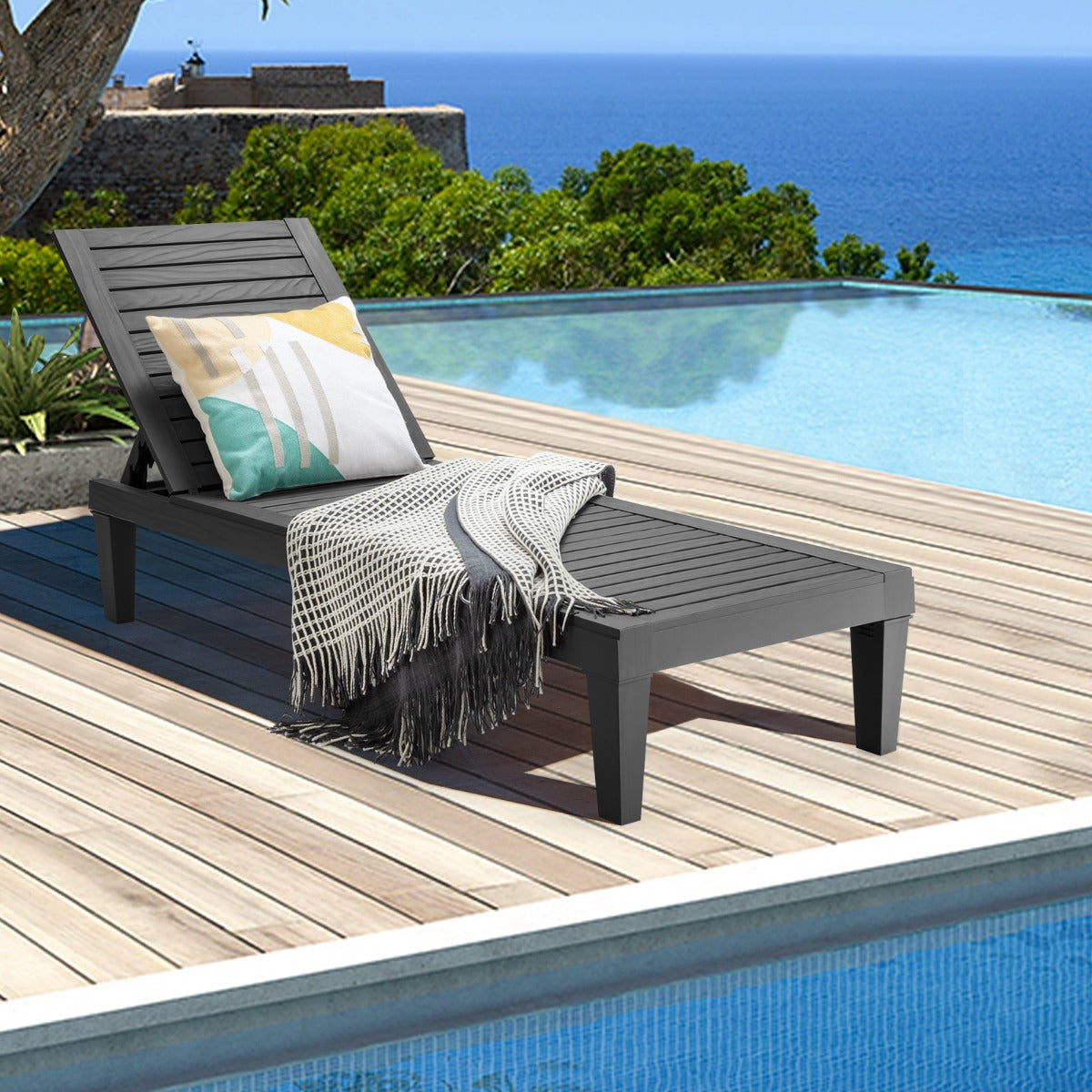 LIVSK Zonnebed en Strandparasol Set - Verstelbare Rugleuning - Hoog Draagvermogen - Eenvoudige Montage - Grijs/Taupe/Zwart