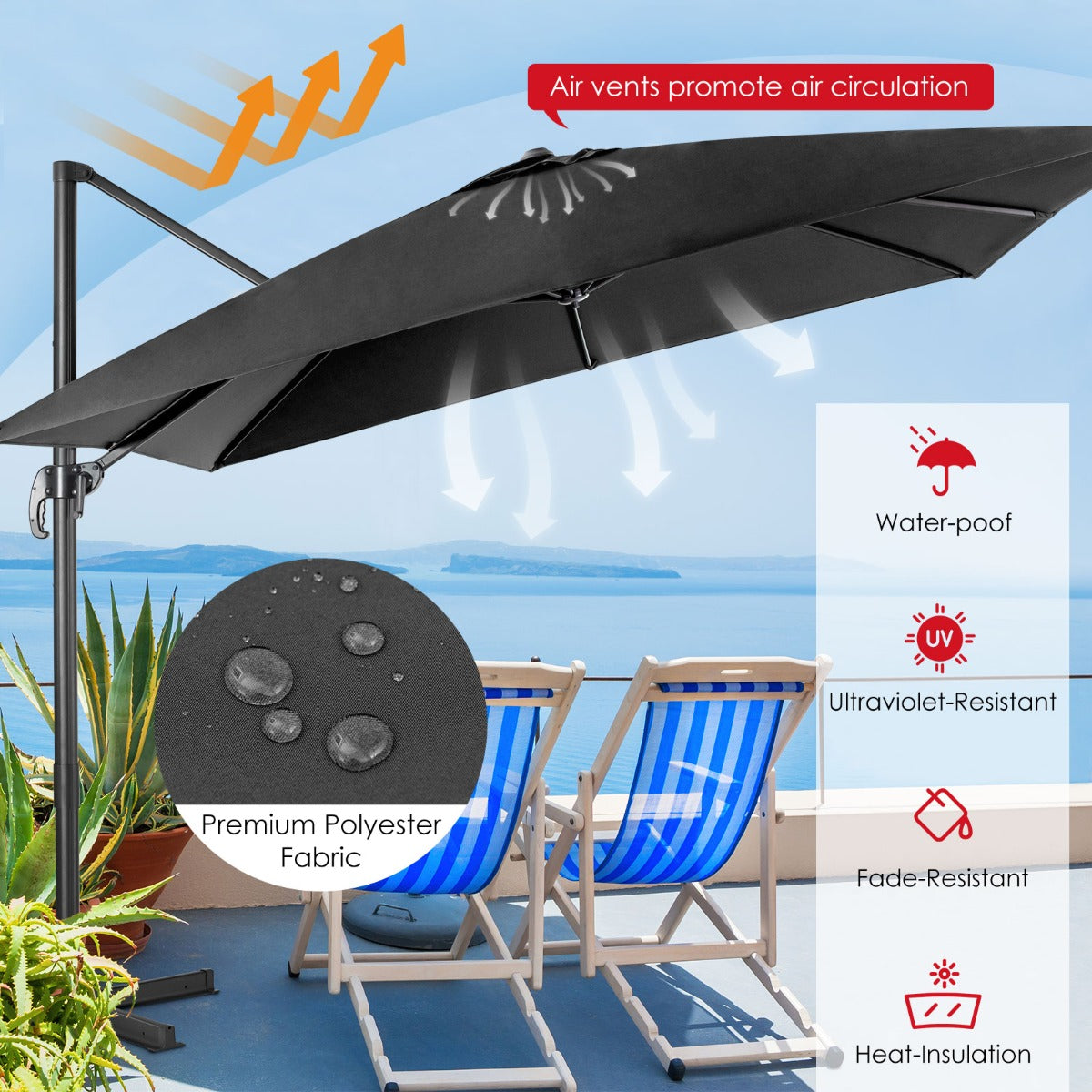 LIVSK Zweefparasol 300x300 cm - 360° Draaibaar - Kantelverstelling - UV-bestendig Polyester - Zwart