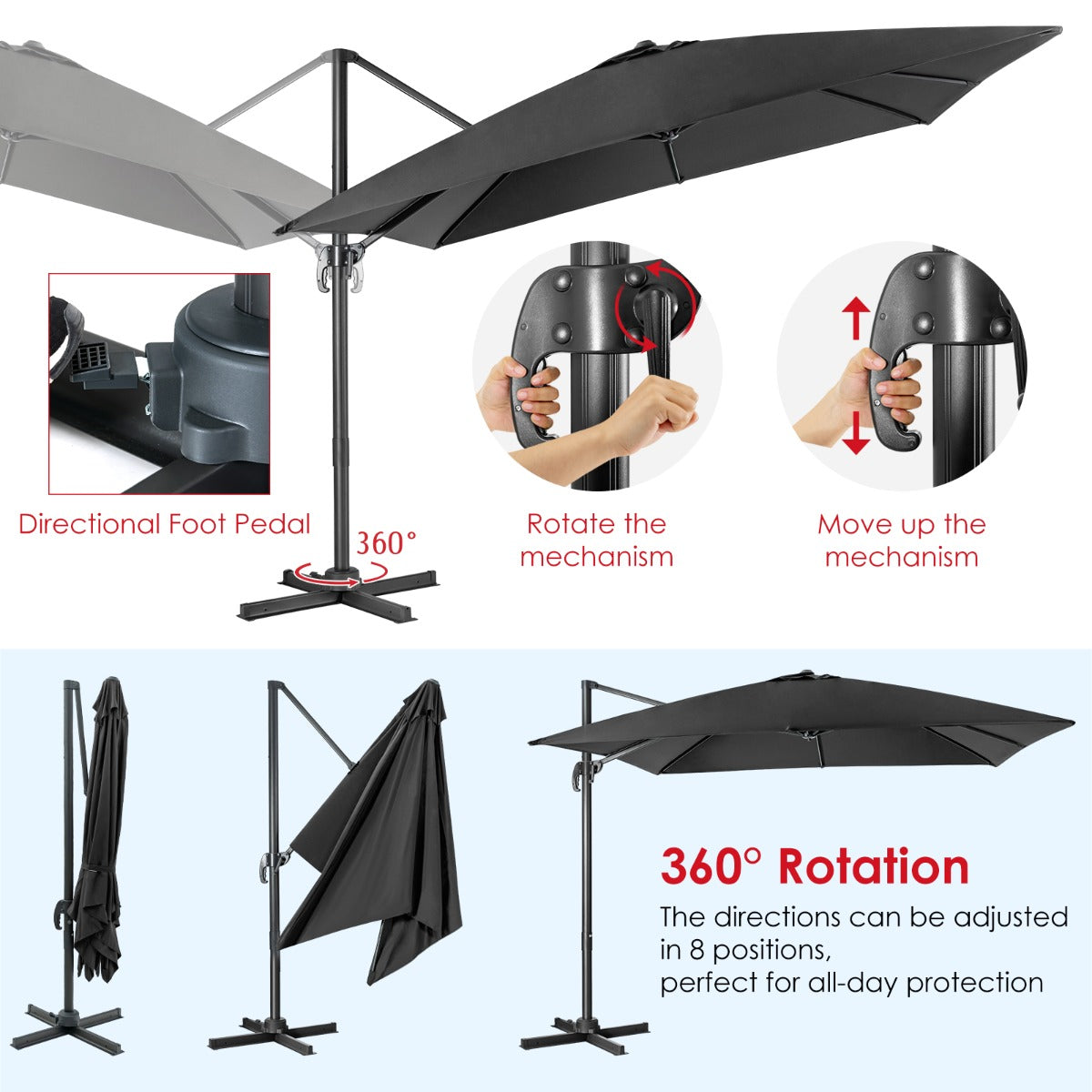 LIVSK Zweefparasol 300x300 cm - 360° Draaibaar - Kantelverstelling - UV-bestendig Polyester - Zwart