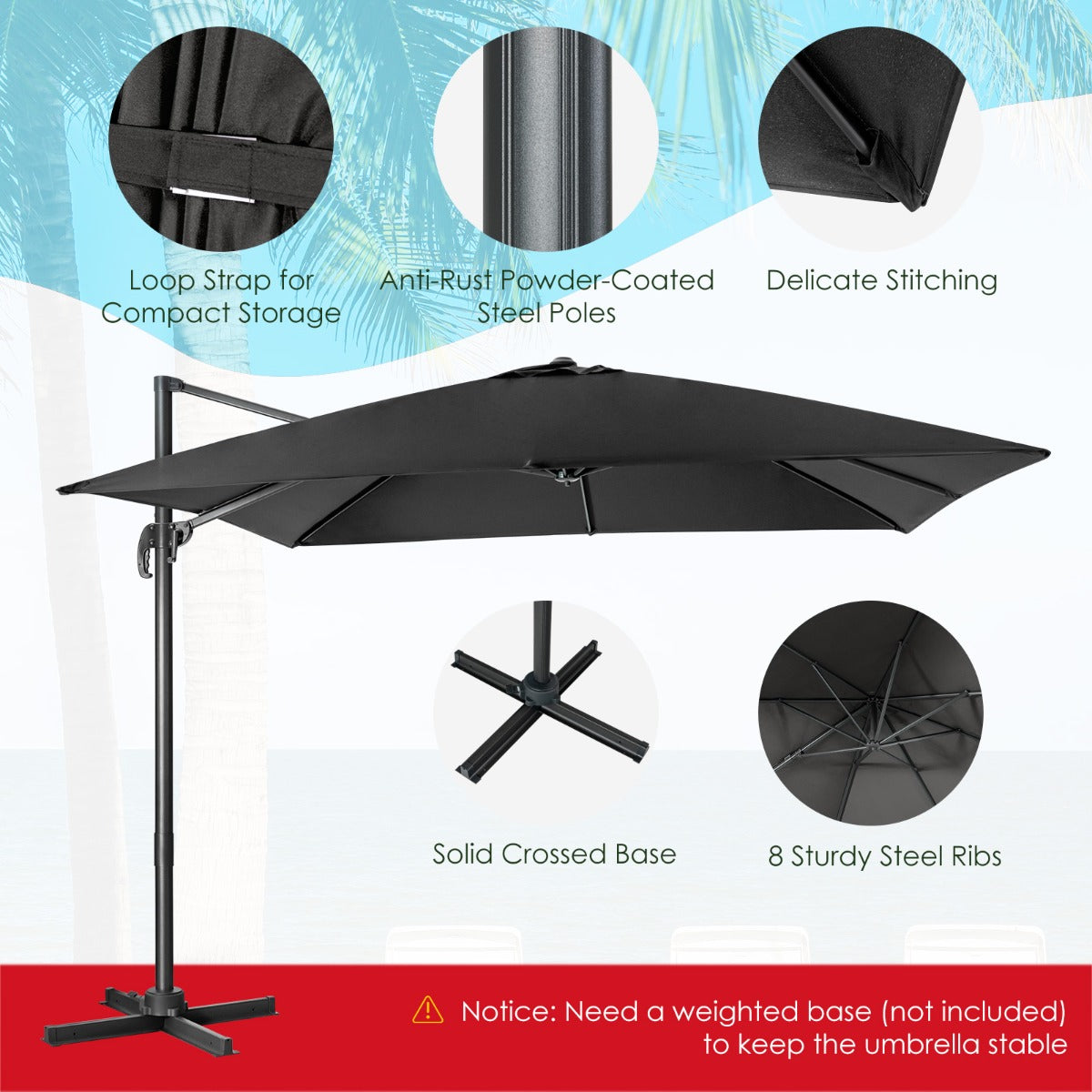 LIVSK Zweefparasol 300x300 cm - 360° Draaibaar - Kantelverstelling - UV-bestendig Polyester - Zwart