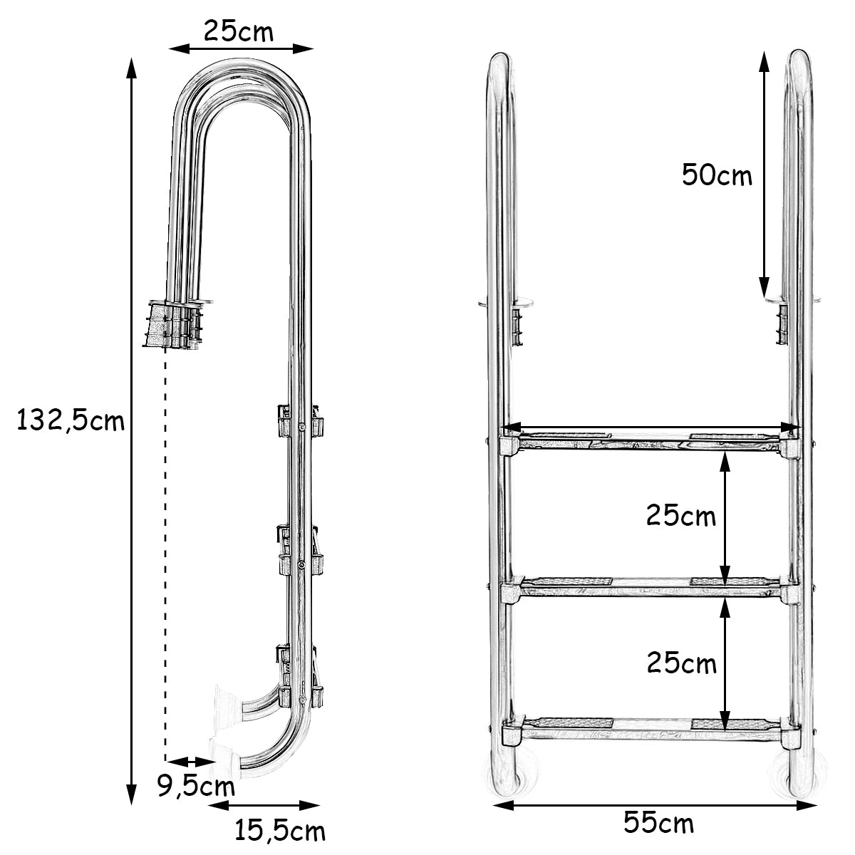 LIVSK Zwembadladder - Roestvrij Staal 304 - Antislip Voetstappen - Ergonomische Leuningen - Tot 150 kg - 55x25x132,5 cm