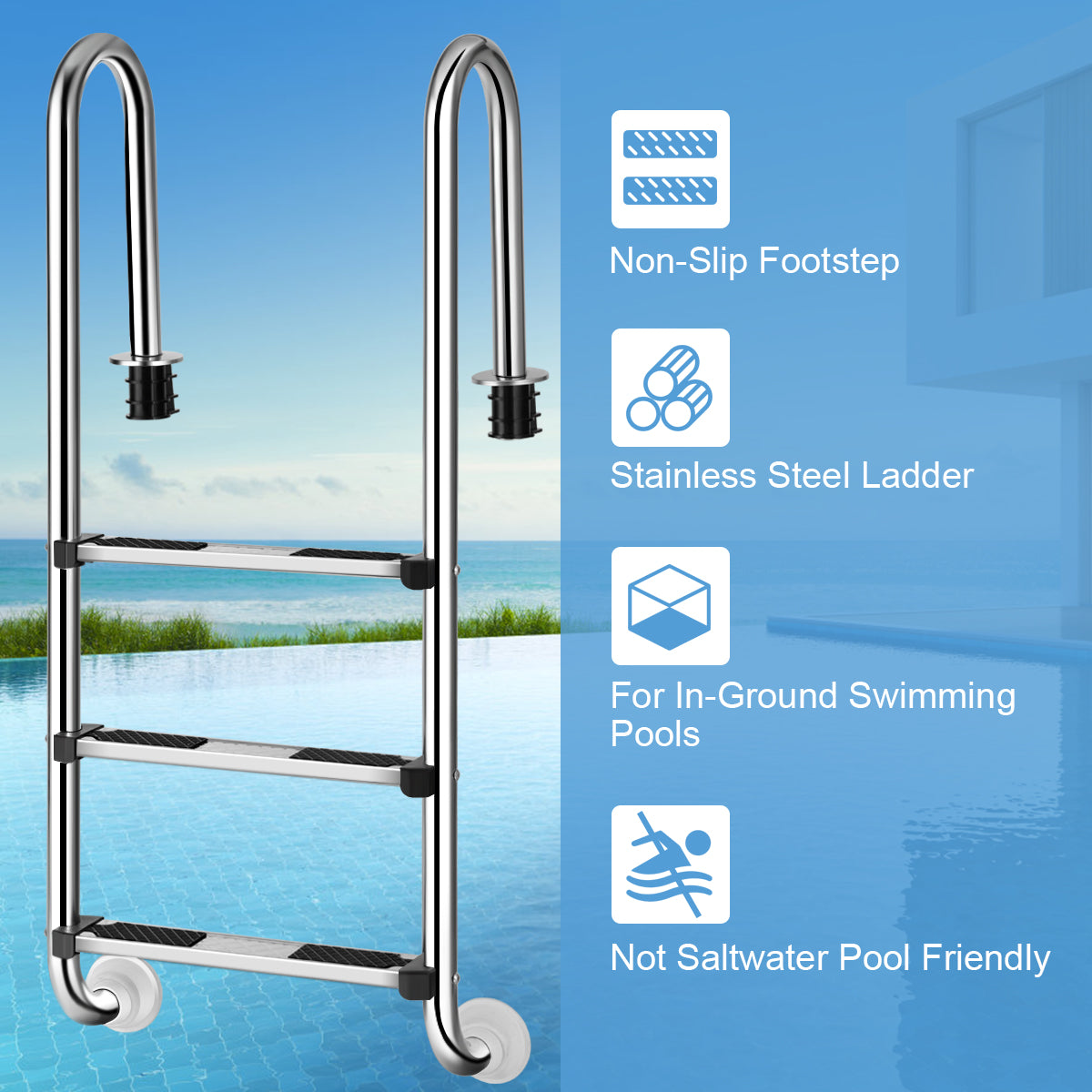 LIVSK Zwembadladder - Roestvrij Staal 304 - Antislip Voetstappen - Ergonomische Leuningen - Tot 150 kg - 55x25x132,5 cm