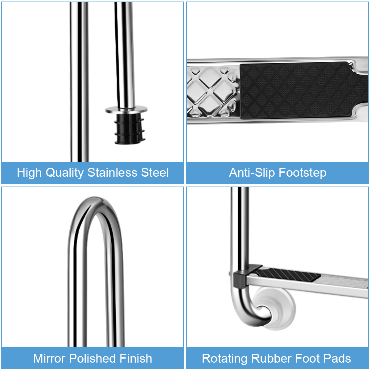 LIVSK Zwembadladder - Roestvrij Staal 304 - Antislip Voetstappen - Ergonomische Leuningen - Tot 150 kg - 55x25x132,5 cm